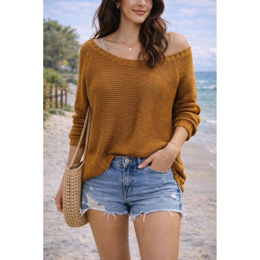 Love Change Italy Sweater Off Shoulder Knit Mustard Yellow Size L Boho Slouchy